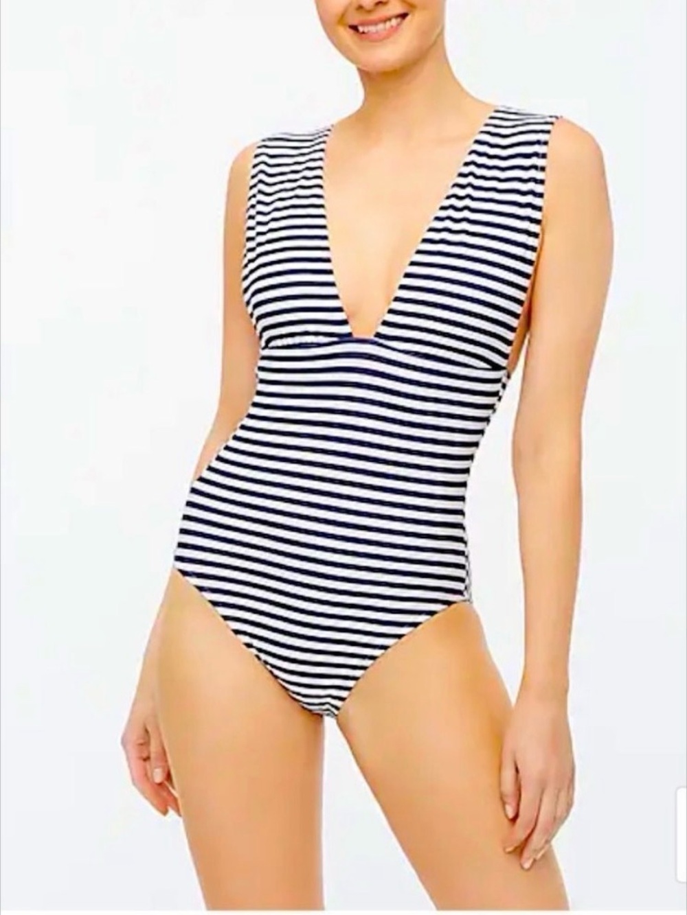 J. Crew Navy White Striped One Piece Swimsuit Deep V - Picture 3 of 12